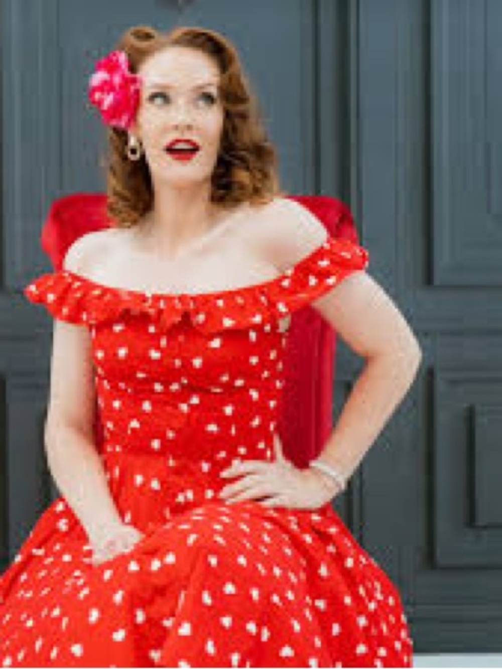 Magnolia Red Off-Shoulder Heart Print Midi Dress